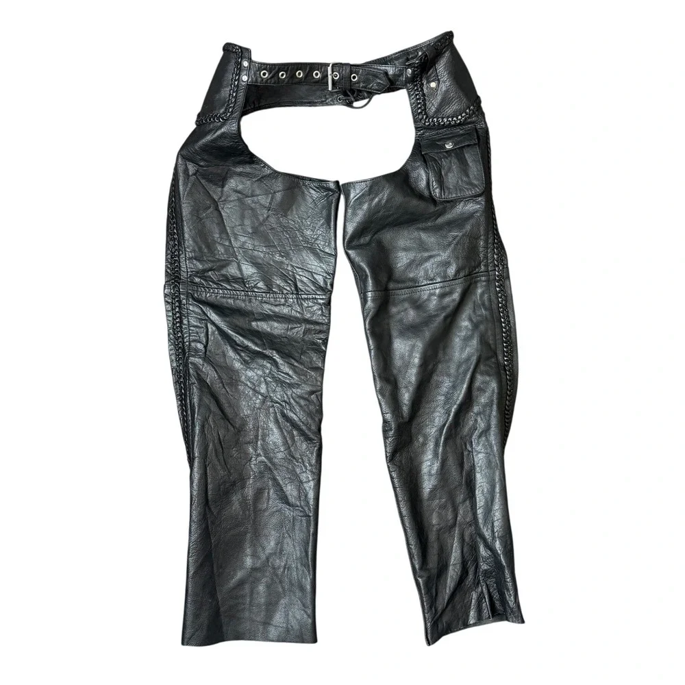 Leather Club Genuine Leather Braided Trim Motorcycle Chaps Black Men L Buckle